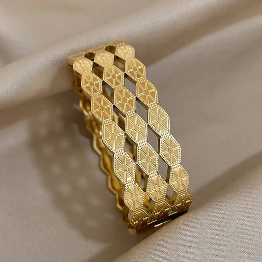 Greatera-Aço Inoxidável Texturizado Pulseiras Largas para Mulheres, Pulseiras Banhadas a Ouro, Pulseira Geométrica de Metal, Jóias Impermeáveis, 316L