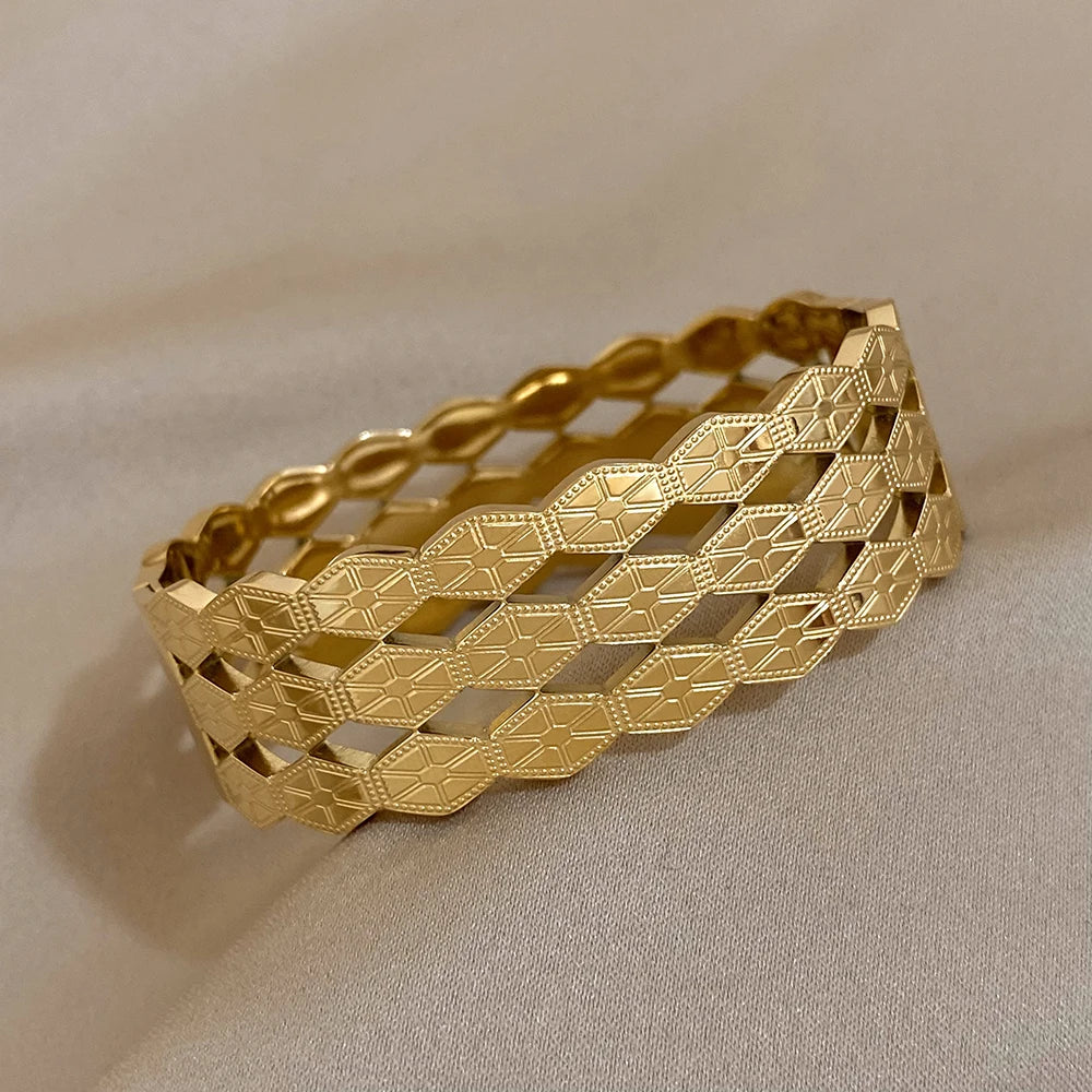 Greatera-Aço Inoxidável Texturizado Pulseiras Largas para Mulheres, Pulseiras Banhadas a Ouro, Pulseira Geométrica de Metal, Jóias Impermeáveis, 316L