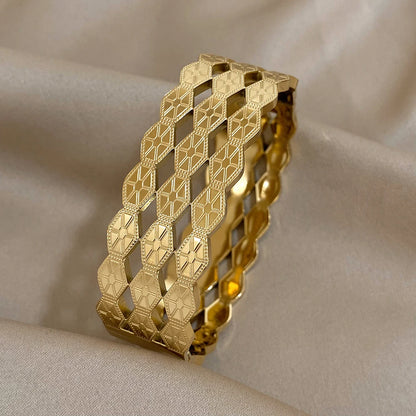 Greatera-Aço Inoxidável Texturizado Pulseiras Largas para Mulheres, Pulseiras Banhadas a Ouro, Pulseira Geométrica de Metal, Jóias Impermeáveis, 316L