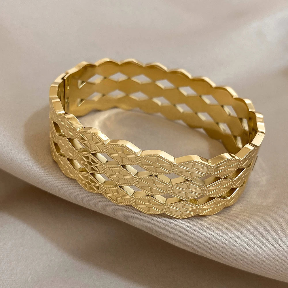 Greatera-Aço Inoxidável Texturizado Pulseiras Largas para Mulheres, Pulseiras Banhadas a Ouro, Pulseira Geométrica de Metal, Jóias Impermeáveis, 316L