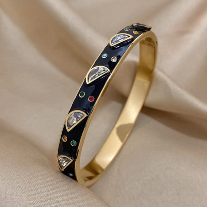 Greatera-Pulseiras de aço inoxidável para mulheres, braceletes embutidos de zircão, bracelete banhado a ouro, joias de luxo, branco, preto, esmalte, charme
