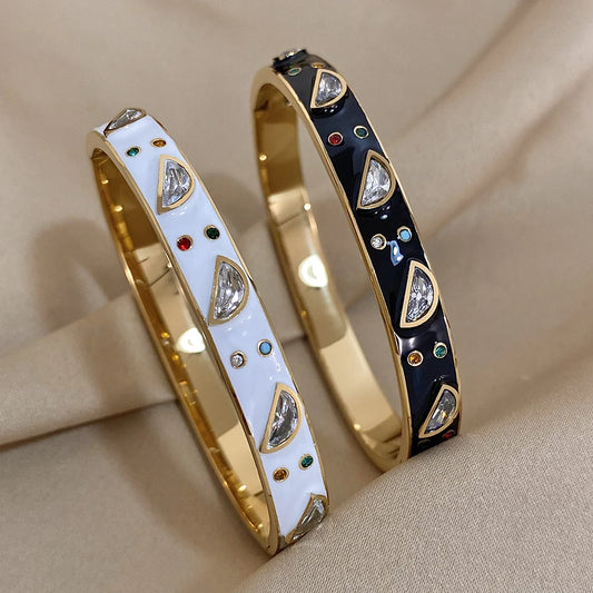 Greatera-Pulseiras de aço inoxidável para mulheres, braceletes embutidos de zircão, bracelete banhado a ouro, joias de luxo, branco, preto, esmalte, charme