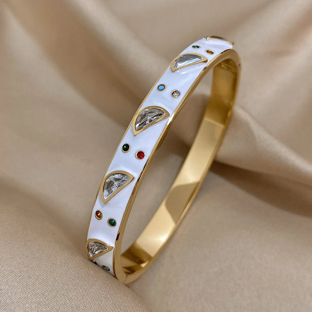 Greatera-Pulseiras de aço inoxidável para mulheres, braceletes embutidos de zircão, bracelete banhado a ouro, joias de luxo, branco, preto, esmalte, charme